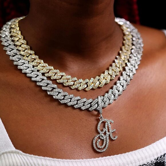 Gold Silver Plated Initial Cuban Link Chain Necklace for Women Cursive Letter Go - Picture 2 of 8